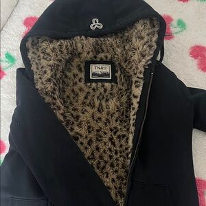 TNA Black Hooded Teddy Sweater with Leopard Faux-Fur Lining